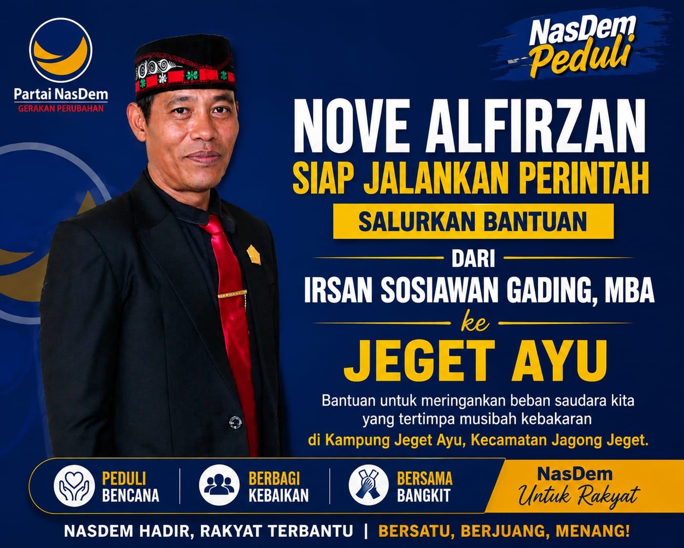 Nove Alfirzan Salurkan Bantuan NasDem Korban Kebakaran di Jagong Jeget