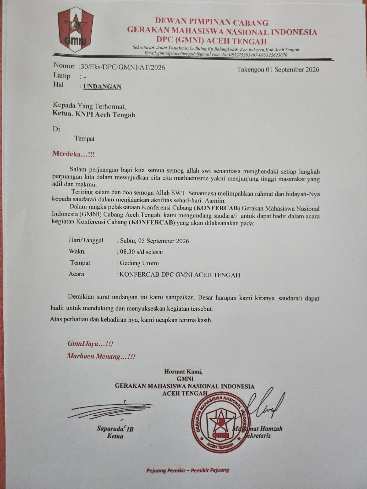 DPC GMNI Aceh Tengah Gelar Konferensi Cabang 5 September Mendatang