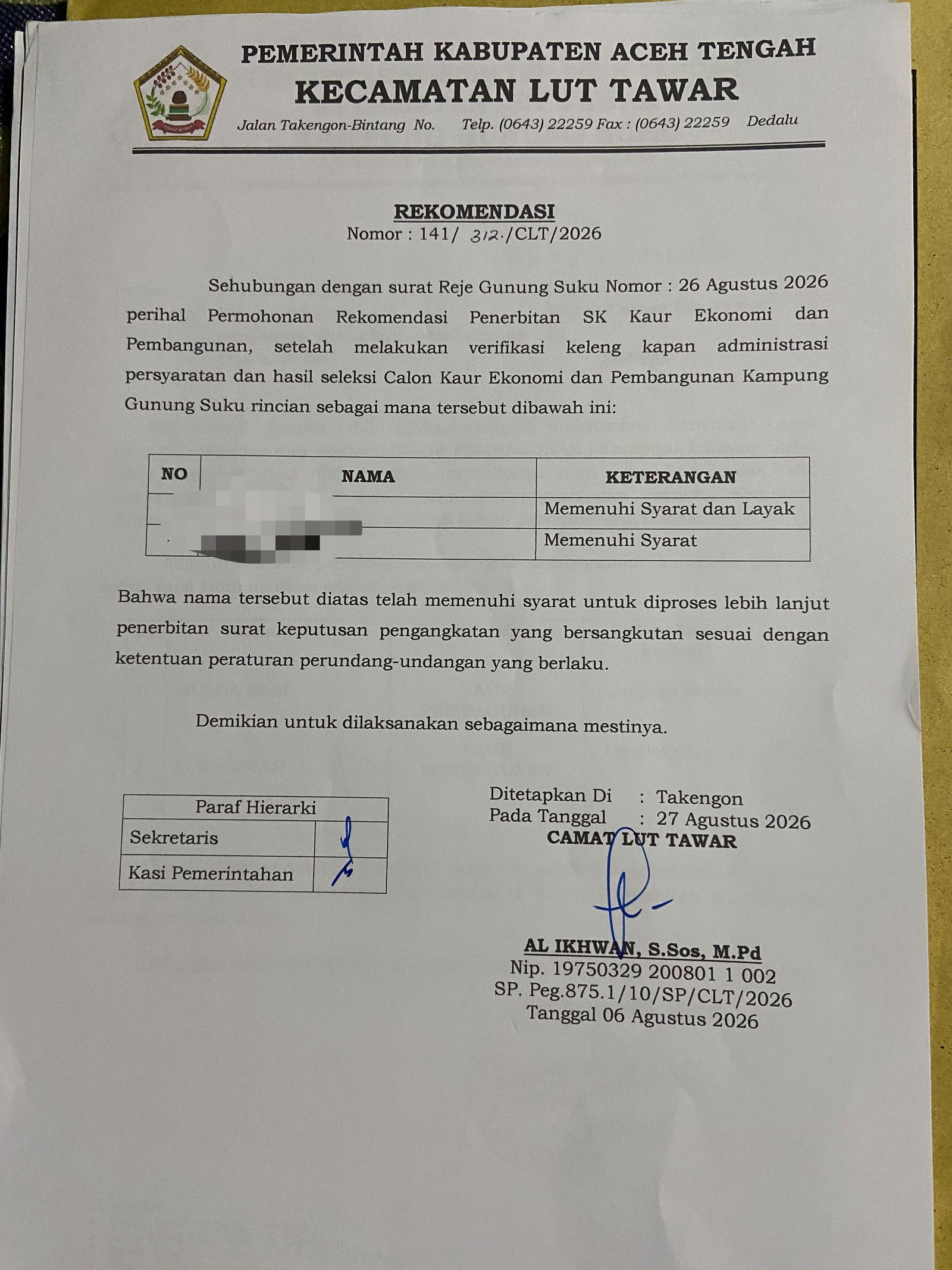 Camat dan Reje Main Mata, Skandal Pengangkatan Kaur Desa Gunung Suku Tabrak Regulasi